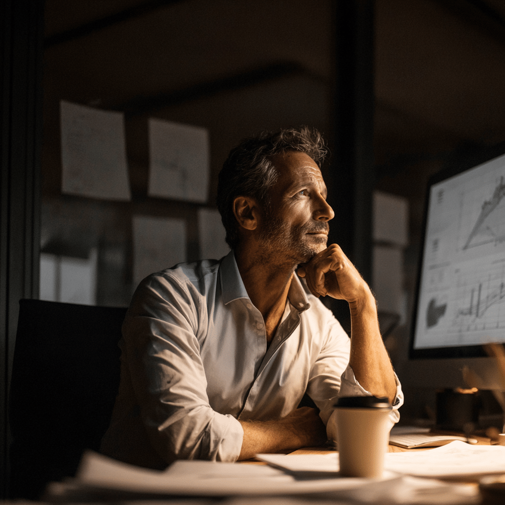 A middle-aged business owner sitting in a clean, modern office during the golden hour, gentle natural light illuminating papers and a laptop screen showing faint graphs, the owner looks thoughtful but hopeful, not stressed — a moment of realization and clarity