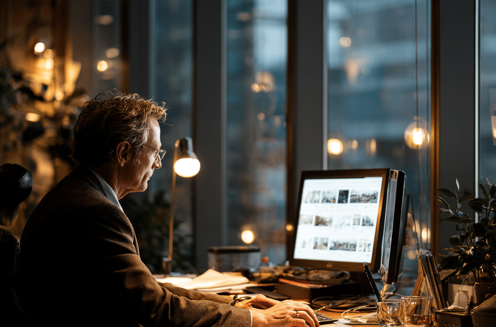 Private business owner reviewing plans in a quiet office, reflecting on long-term business value.