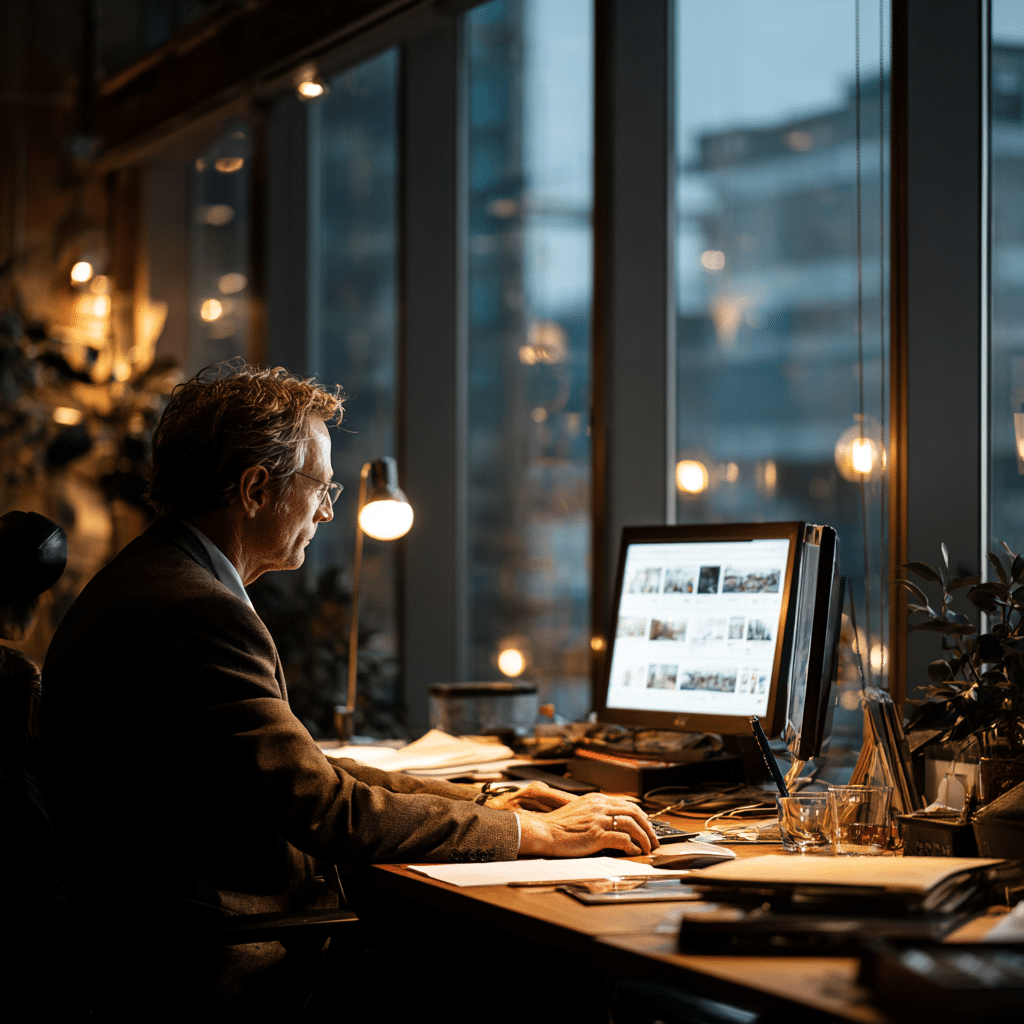 Private business owner reviewing plans in a quiet office, reflecting on long-term business value.